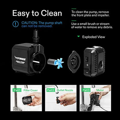 VIVOSUN 2-pack 210GPH Submersible Pump(800L/H, 8W), Ultra Quiet Water Pump with 3.3ft High Lift, Fountain Pump with 5ft Power Cord, 2 Nozzles for Fish Tank, Pond, Aquarium, Statuary, Hydroponics - size: 2 Pack 210GPH