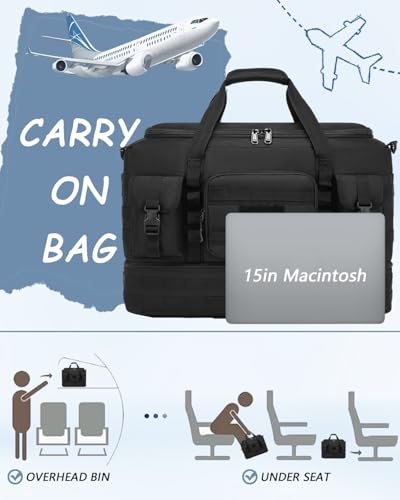 Tactical Duffle Bag - Gym Bag for Men with Shoe Compartment & Toiletry Bag | Carry on Luggage Mens Overnight Bag for Gym, Travel, Black - color: Black