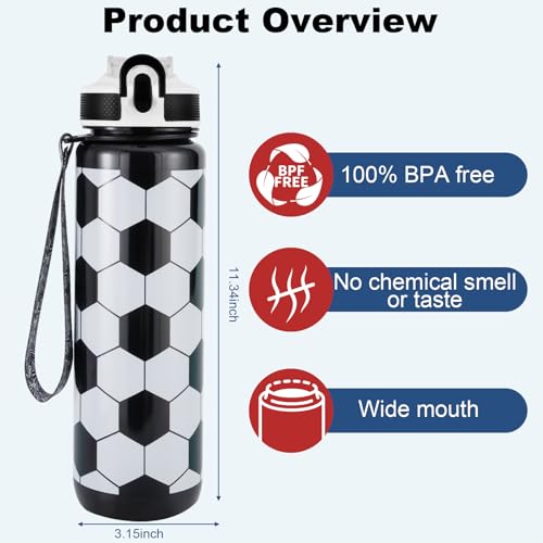 EYQ 32oz Water Bottle with Straw, Time Marker, Blue Purple - color: soccer