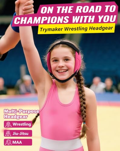 Trymaker Wrestling Headgear, Head Gear for Youth with Chin Cup & Pad - color: Pink Headgear & Black Strap