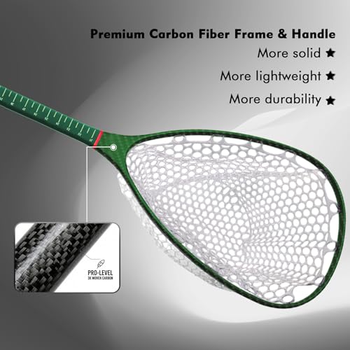 Riverruns Fly Fishing Landing Net Carbon Fiber Trout Net with Measurement Handle, Soft Rubber Mesh - 26" Standard (Wading) / 37" Long (Kayak) - color: 37" Kayak Net (Long) - Green 3K Woven