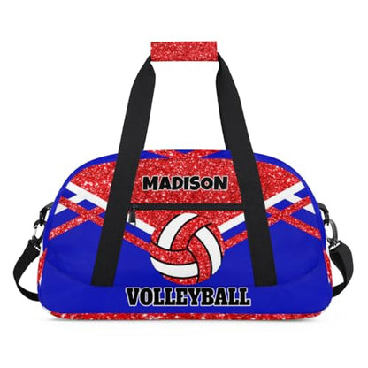 Custom Names Volleyball Bag, Red Bling Glittering with Royal Blue | Personalized Name Gymnastics Sport Bag Women (not real glitter) - color: Red Blue