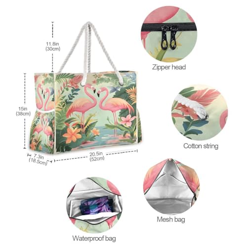 senya Large Beach Bags Totes Canvas Tote Shoulder Bag Soft Wave Water Resistant Bags for Gym Travel Daily Ocean - color: Pink Flamingo