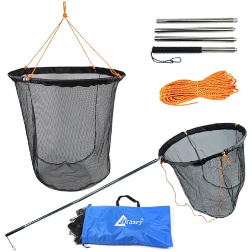 Large Collapsible Bridge Pier Fishing Net Landing Net with Rod, High Load Aluminum Ring Drop Net for Saltwater and Freshwater Pier Fishing Basket with 49.2 ft. Rope - color: Black, size: 23.6 x 23.6 x 27.5", style: Small Size Mesh
