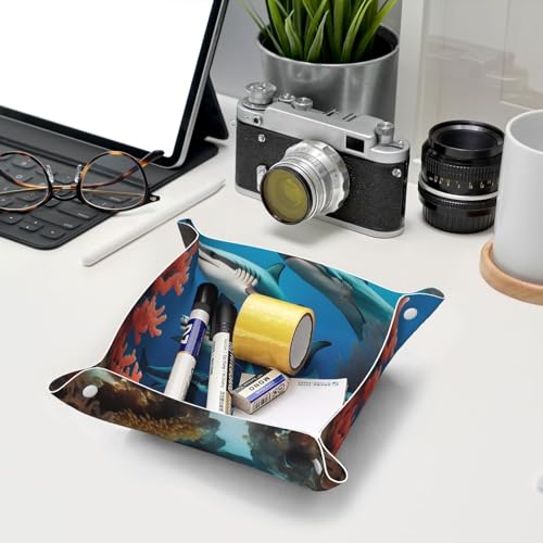 Medium Leather Storage Tray Exquisite Submarine Shark Coral Pattern for Small Items Multifunctional Foldable and Durable - size: Medium