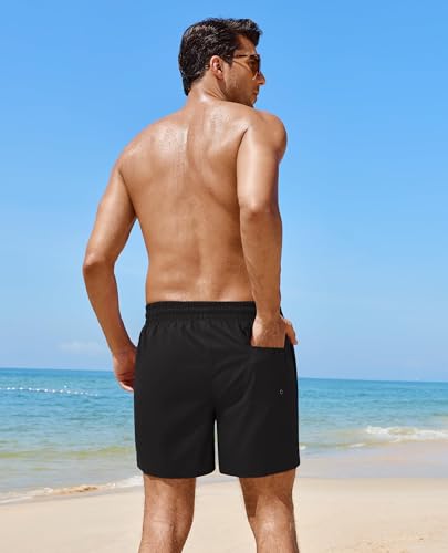Gleeease 5 Inch Mens Swim Trunks with Compression Liner Men's Bathing Suit - color: Solid Black, size: Small