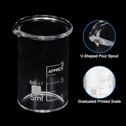 PATIKIL 5ml Glass Beaker, 2 Pack Measuring Glass Beaker Graduated Borosilicate Lab Cups Mug Low Form Heat Safe Transparent with Spout Label for Laboratory Science Kitchen Liquids - size: 5ml
