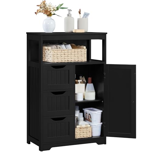 Yaheetech Bathroom Floor Cabinet, Free Standing Wooden Storage Cabinet Multiple Tiers Storage Organizer for Bathroom/Living Room/Entryway, Black - color: Black, size: 12"D x 22"W x 34"H