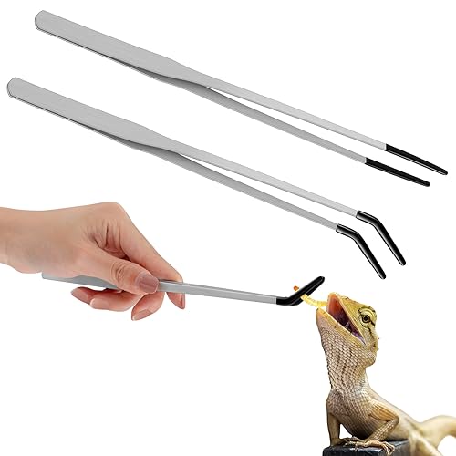 2 Pcs Extra Long Stainless Steel Reptile Feeding Tongs with Rubber Tip 10 Inch, 10.5 Inch Bearded Dragon Aquarium Straight and Curved Long Tweezer Terrarium Feeder Tool for Tank(Silver) - color: Silver, size: 10 Inch, 10.5 Inch