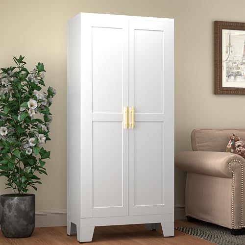 61.02" Pantry Cabinet, Kitchen Pantry Storage Cabinets with Adjustable Shelves and Feet, White Pantry Storage Cabinet for Kitchen, Dining Room, Living Room and Bathroom (White) Metal - color: White, size: 13.78"D x 27.55"W x 61.02"H