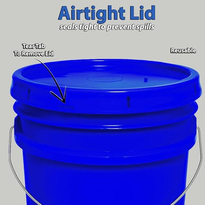 5-Gallon Bucket with Airtight Lid – Made in USA, Food Grade BPA Free Plastic, Heavy Duty Multi-Use, Metal Handle with Grip, Stackable Storage – Blue, 3 Pack