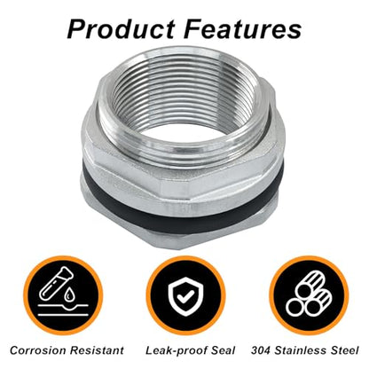 Murtenze 1.5" Bulkhead Water Tank Connector, Stainless Steel Water Tank Fitting Thru-bulk Adapter, Water Pipe Connector for Rain Barrels/Aquariums/Water Tanks - size: 1.5 Inch