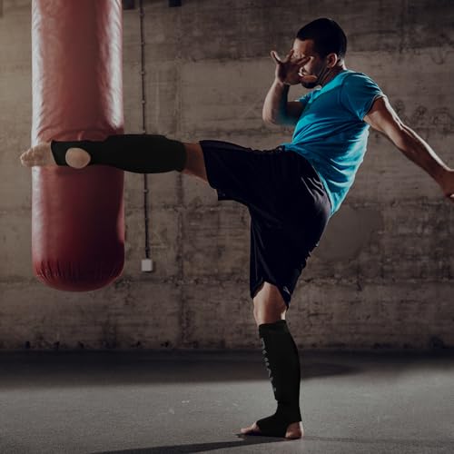 Elastic Cloth Shin Guards for MMA, Muay Thai and Kickboxing - color: Black/Black, size: Medium