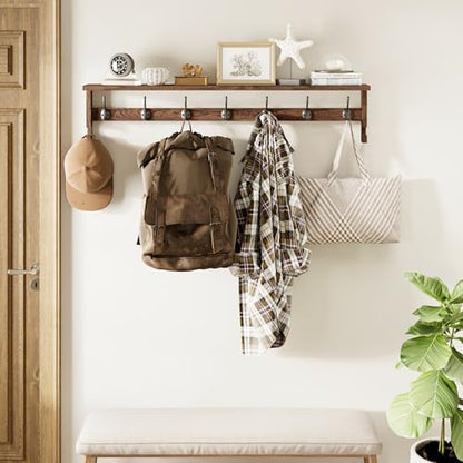 AMBIRD Coat Rack Wall Mount, 35 Inch Extra Long Wall Hooks with Hanging, Wooden Shelf with 7 Metal Hooks 2 Side Hooks, Wall Key Holder with Shelf in Entryway, Kitchen, Bathroom, Living Room, Bedroom - color: Brown, size: 7+2 Hooks 35" L