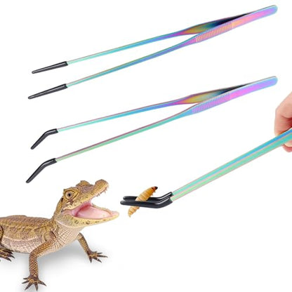 2 Pack Stainless Steel Reptile Feeding Tongs with Rubber Tip, 10.6" Straight & Curved Tweezers, for Aquarium or Craft, Planted Tank, Terrarium Tank, Feeder for Beard Dragons, Lizard and Snakes