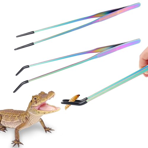 2 Pack Stainless Steel Reptile Feeding Tongs with Rubber Tip, 10.6" Straight & Curved Tweezers, for Aquarium or Craft, Planted Tank, Terrarium Tank, Feeder for Beard Dragons, Lizard and Snakes