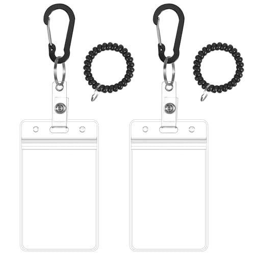 Wrist Coil ID Badge Holder with Multitool Aluminum Carabiner Clip,Stretchable Spiral Wristband Key Ring,for Lanyard Outdoor Camping Cruise (Black Vertical, PVC) - color: Black, size: PVC (Vertical)