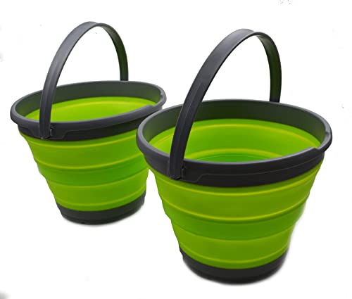 SAMMART 10L (2.6 Gallon) Collapsible Plastic Bucket - Foldable Round Tub - Portable Fishing Water Pail - Space Saving Outdoor Waterpot, Size 33cm Dia (Dark Grey/Fluorescent Green (Set of 2)) - color: Dark Grey/Fluorescent Green (Set of 2)