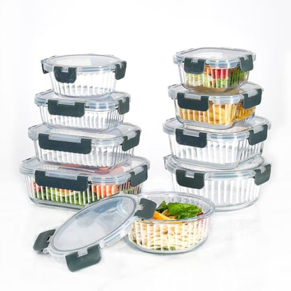 Glass Meal Prep Containers, [9 Pack] Food Storage Containers with Lids, Airtight Glass Bento Boxes, BPA Free & Leak Proof (9 Lids & 9 Containers) (vertical stripes grey) - color: vertical stripes grey