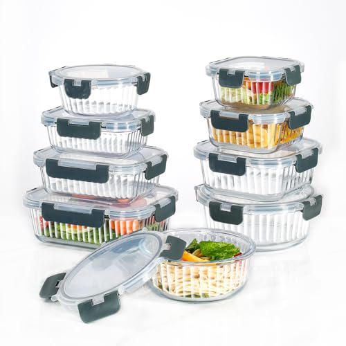Glass Meal Prep Containers, [9 Pack] Food Storage Containers with Lids, Airtight Glass Bento Boxes, BPA Free & Leak Proof (9 Lids & 9 Containers) (vertical stripes grey) - color: vertical stripes grey