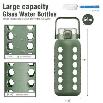 Half Gallon/64 oz Glass Water Bottles with Straw and Lid,Motivational Water Jug with Time Marker Reminder and Silicone Sleeve,100% Leakproof BPA Free Fitness Sports Large Bottle-Olive