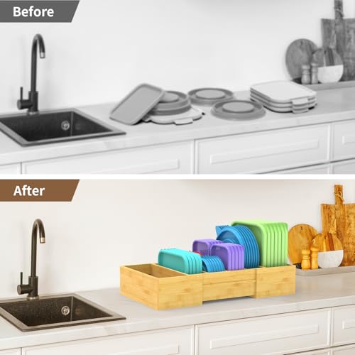 Lid Organizer for Cabinet, Bamboo Expandable Kitchen Organizer with 3 Adjustable Dividers for Plastic Lids, Large Food Storage Container Lid Holder for Drawer, Countertop, Pantry