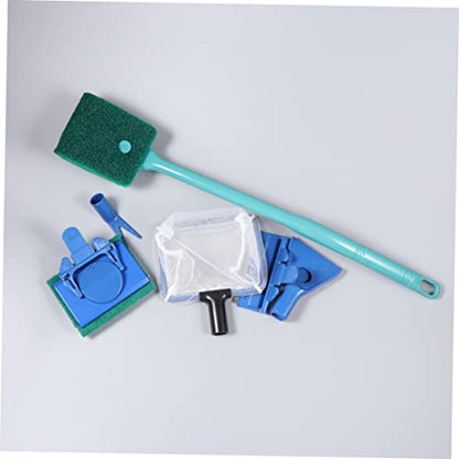 Fish Tank Kit Aquarium Glass Tank Tools with Gravel Rake Scraper Plant Fork Sponge Brush and Net Aquatic Maintenance Green