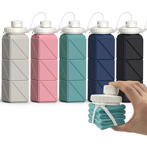 BEAUTAIL Collapsible Water Bottles 21oz/610mL, Silicone Travel Water Bottle | BPA Free, Leakproof & Reusable, Foldable Water Bottle for Traveling, Hiking, Cycling, Gym, School, Sports, Outdoor, 5-Pack - color: Starlight+Pink+Blue+Dark Blue+Black