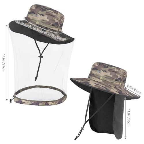 BASSDASH UPF 50+ Mosquito Sun Hat with Hidden Head Net and Neck Flap for Men Women Outdoor Fishing Hiking Camping - color: Earth Camo