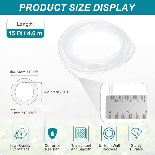 uxcell Clear PVC Tubing, 2.5mm ID x 4.5mm OD - 15ft PVC Tube Lightweight Vinyl Hose, Transparent Flexible Plastic Water Tubing for Air Oil Water Transfer Aquarium Irrigation - size: 2.5mm ID x 4.5mm OD