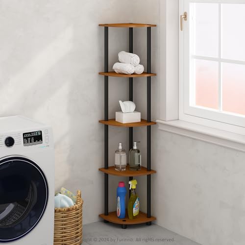 Furinno Turn-N-Tube Storage Shelves, 5-Tier Book Shelf, Corner Shelf, Toolless Open Shelves, for Organization and Storage, Living Room, Home Office, Hallway, Bedroom, Light Cherry - color: Light Cherry/Black, size: 5-Tier Corner (11.6 x 11.6 x 57.7 inches