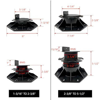 12Pack Adjustable Deck Support Pedestal - Base Support for Floating Deck Platform, Adjusts 1-3/16" to 2-3/8", Black
