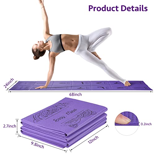Foldable Yoga Mat for Women, Non Slip Exercise Mat for Home Gym, 5mm Travel Yoga Mats Set With Stretch Strap for Yoga Pilates and Fitness, 68"L x 24"W x 0.2 Inch Thick - color: Purple