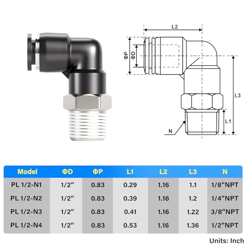 TAILONZ PNEUMATIC Male Elbow 1/2 Inch Tube OD x 3/8 Inch NPT Thread 90 Push to Connect Fittings PL-1/2-N3 (Pack of 5) - size: 1/2''OD 3/8''MNPT