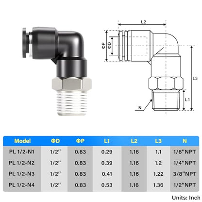TAILONZ PNEUMATIC Male Elbow 1/2 Inch Tube OD x 3/8 Inch NPT Thread 90 Push to Connect Fittings PL-1/2-N3 (Pack of 5) - size: 1/2''OD 3/8''MNPT