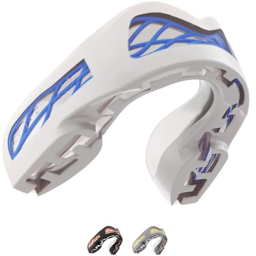 SAFEJAWZ Sports Mouth Guard Triple Layer Premium Protection with Shock-Cage | Adult 12+ Years, WhiteGum Shield with Case, Easy Fit Remouldable, Anti Gag, Rugby, Boxing, MMA, Hockey, Contact Sports - color: White