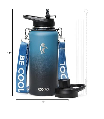 Coolflask 32 oz Water Bottle Insulated Stainless Steel with Strap - color: Blue, size: 32 Ounces