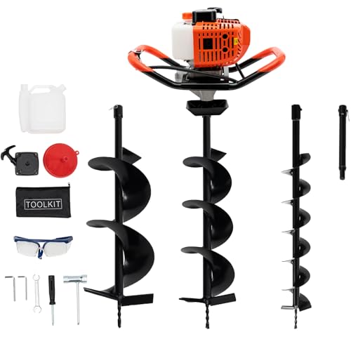 52Cc Auger Post Hole Digger,2-Stroke Petrol Gas Powered Earth Digger Earth Auger with 3 Digging Machine Drill Bits 4" 6" 8" and 3 Extension Rods for Tree Planting Holes,Fence Stakes,Greenhouse Stakes
