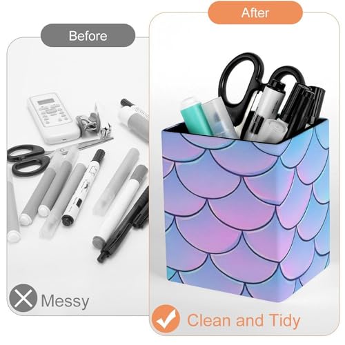 Women's Pen Cup Pencil Holder Makeup Brush Storage Beautiful Mermaid Fish Scale Leather Desk Organizer