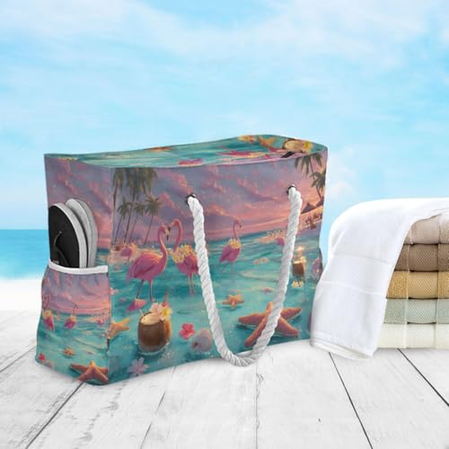 senya Large Beach Bags Totes Canvas Tote Shoulder Bag Soft Wave Water Resistant Bags for Gym Travel Daily Ocean - color: Hawaii Beach Two Flamingo