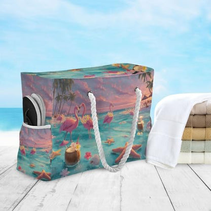 senya Large Beach Bags Totes Canvas Tote Shoulder Bag Soft Wave Water Resistant Bags for Gym Travel Daily Ocean - color: Hawaii Beach Two Flamingo