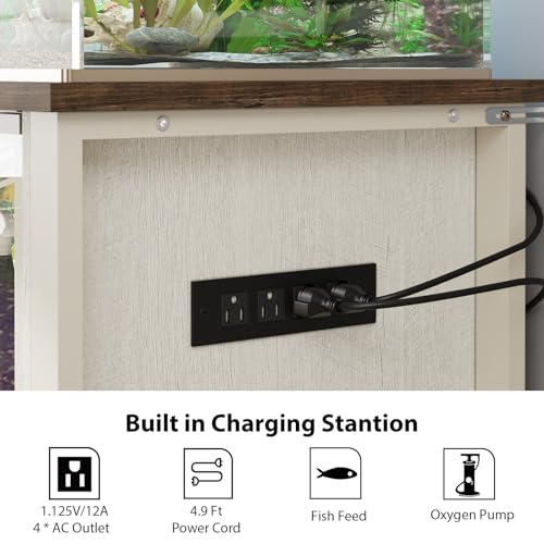 40-50 Gallon Aquarium Stand with Heavy Duty Metal Frame, Fish Tank Stand with Power Outlets, Two Glasses Door Storage Cabinet, Suitable for Turtle Tank, Reptile Tank, White+Brown