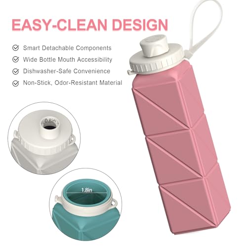 BEAUTAIL Collapsible Water Bottles 21oz/610mL, Silicone Travel Water Bottle | BPA Free, Leakproof & Reusable, Foldable Water Bottle for Traveling, Hiking, Cycling, Gym, School, Sports, Outdoor, 5-Pack - color: Starlight+Pink+Blue+Dark Blue+Black