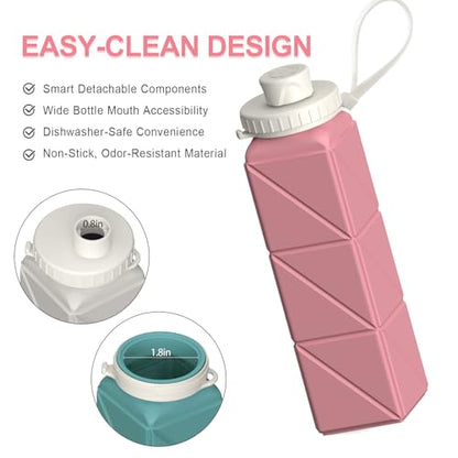 BEAUTAIL Collapsible Water Bottles 21oz/610mL, Silicone Travel Water Bottle | BPA Free, Leakproof & Reusable, Foldable Water Bottle for Traveling, Hiking, Cycling, Gym, School, Sports, Outdoor, 5-Pack - color: Starlight+Pink+Blue+Dark Blue+Black