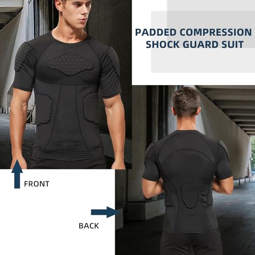 Zicac Men's Sports Shock Rash Guard Compression Padded Shirt Soccer Basketball Protective Gear Chest Rib Guards - color: Black Padded Shirt, size: Large