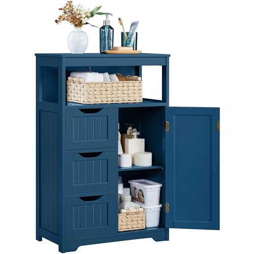 Yaheetech Bathroom Floor Cabinet, Free Standing Wooden Storage Organizer Multiple Tiers Storage Living Room Cabinet, Navy Blue - color: Navy Blue, size: 12"D x 22"W x 34"H