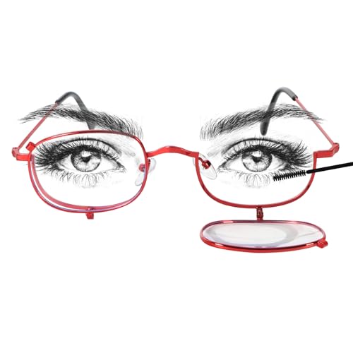 Makeup Reading Glasses for Women Metal Frame Flip Down Magnifying Cosmetic Readers Blue Light Blocking - color: Red