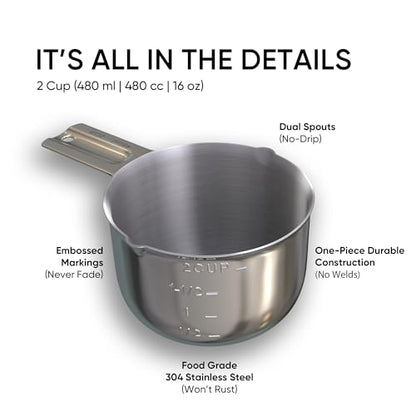 2 Cup Measuring Cup (480ml, 16oz) – Chrome Stainless Steel Measure Scoop with Easy-Pour Spouts, Flat Base, by Color Up - size: 2 Cup (480 ml) Chrome