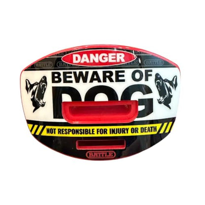 Battle Speed X Mouthguard | Interchangeable thick strap clicks securely from the back, Connected for tackle or strapless for flag, Large center venting - color: Beware of Dog