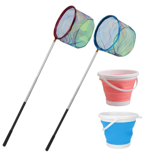 Fishing Nets with Bucket Fishing Retractable Landing Net Lightweight Aluminum Pole with Non-Slip Handle for Catch and Release and Release Frogs Butterfly Youth Outdoor - style: Blue + Pink